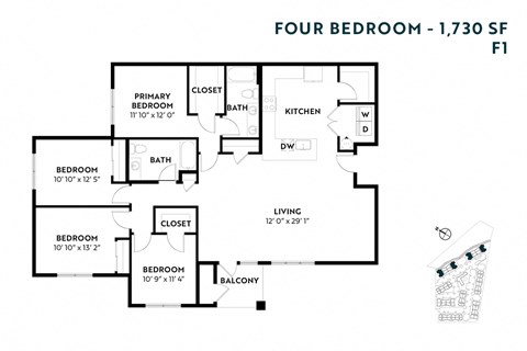 Floor plan for 4 beds, 2 baths, 1730 sqft